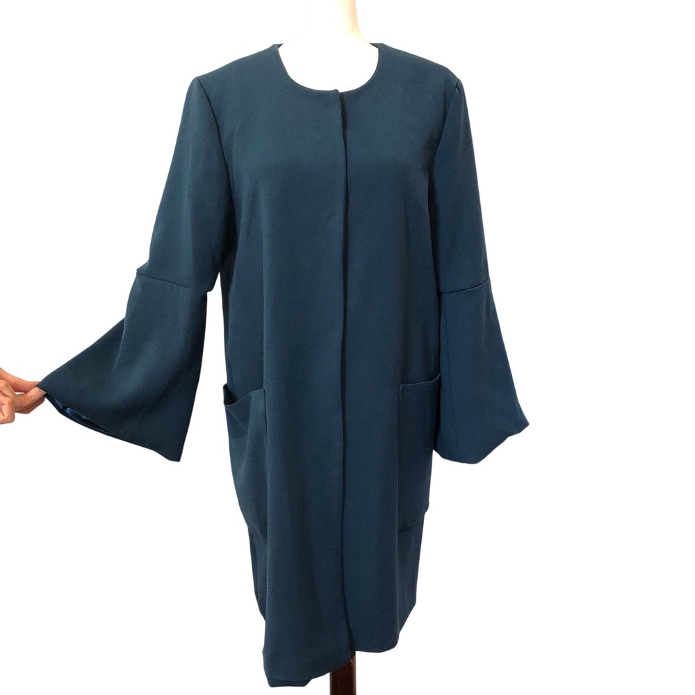 Bagatelle Heritage Longline Overcoat Teal Blue Bell Sleeves Quiet Luxury Medium